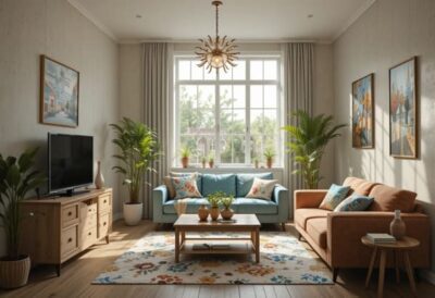 une lampe fabriquée à partir d'une bouteille en verre, des coussins colorés fabriqués à partir de vieux T-shirts, des meubles restaurés avec de la peinture faite à la main et des organiseurs fabriqués à partir de boîtes de conserve décorées. La lumière naturelle douce qui pénètre par la fenêtre crée une atmosphère chaleureuse et créative.