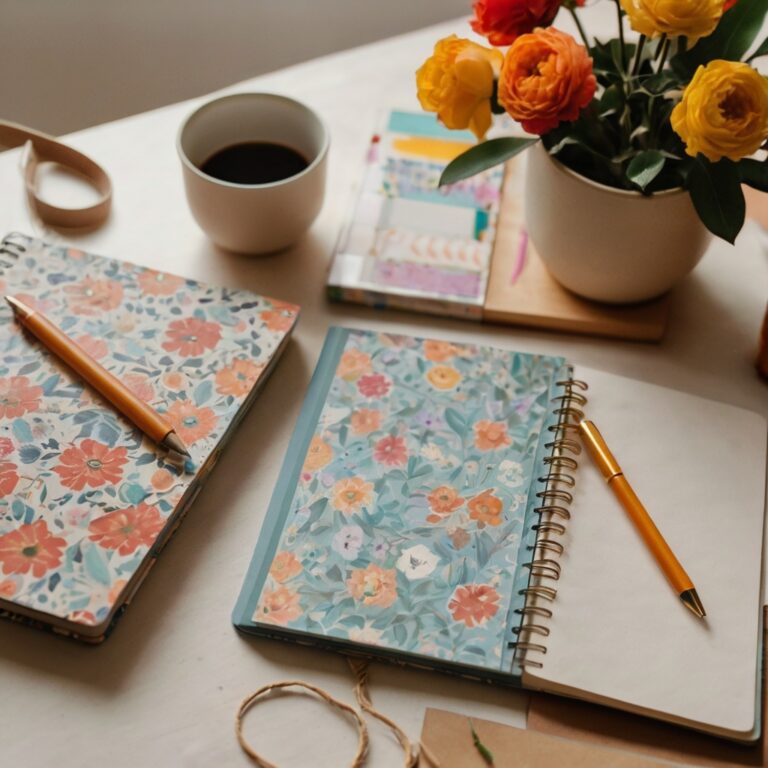 Tableau de papeterie avec un carnet personnalisé, un stylo décoré et des pinces colorées, représentant trois astuces créatives et utiles au quotidien.