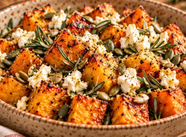 Abóbora assada com feta, mel e alecrim